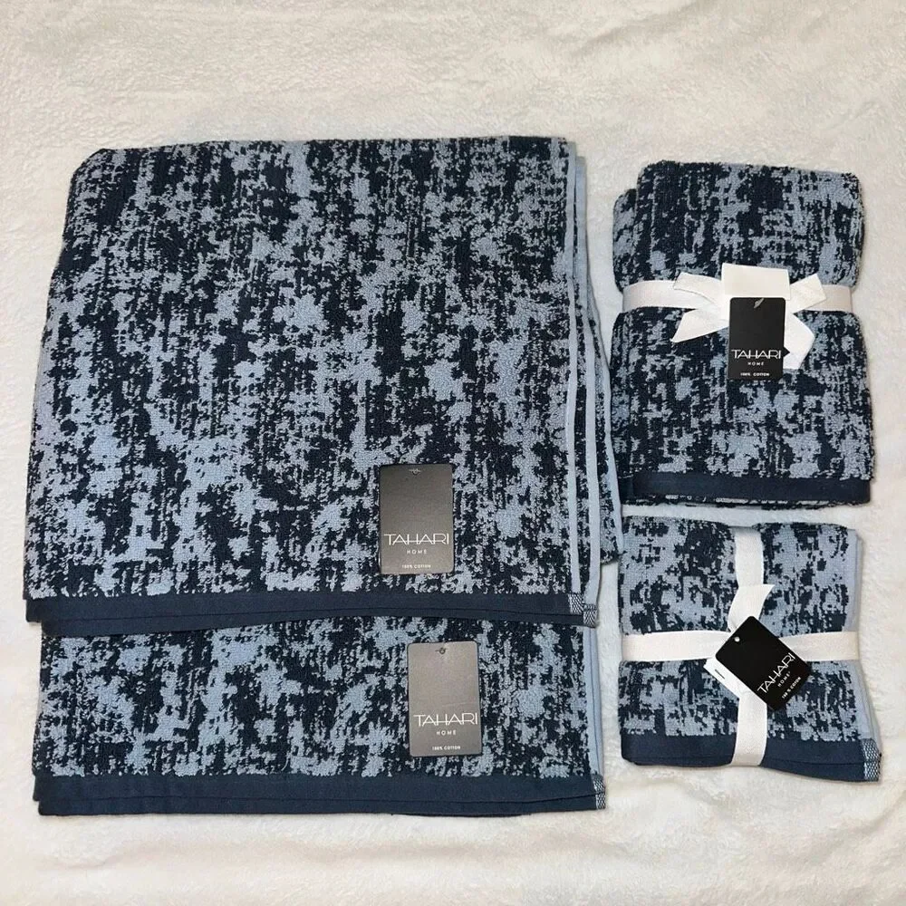 Tahari Home Bath Towel Set 8 Pieces Navy and Light Blue Abstract Pattern MWT